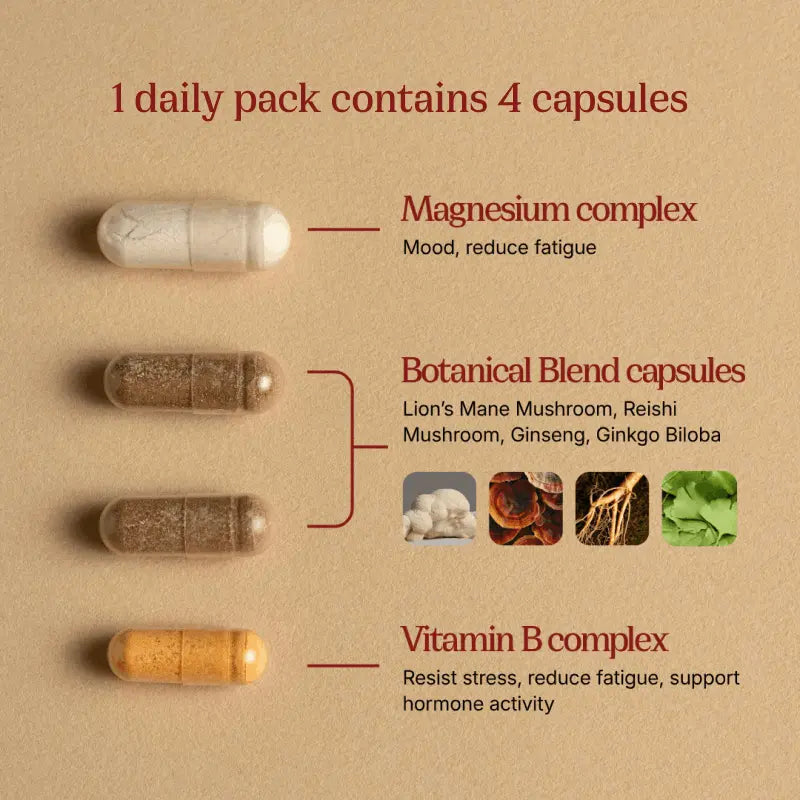 An informational product graphic of Nuwa Daily Packs on a warm beige background showing three capsule supplements and text labels: a white capsule labeled Magnesium complex, a brown translucent capsule labeled Botanical Blend capsules, and an orange-yellow capsule labeled Vitamin B complex. The graphic states that one daily pack contains 4 capsules and includes small ingredient photos for the botanical blend.