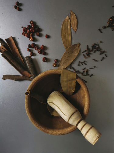Pestle and mortar flatlay with some traditional Chinese herbs scattered around it.