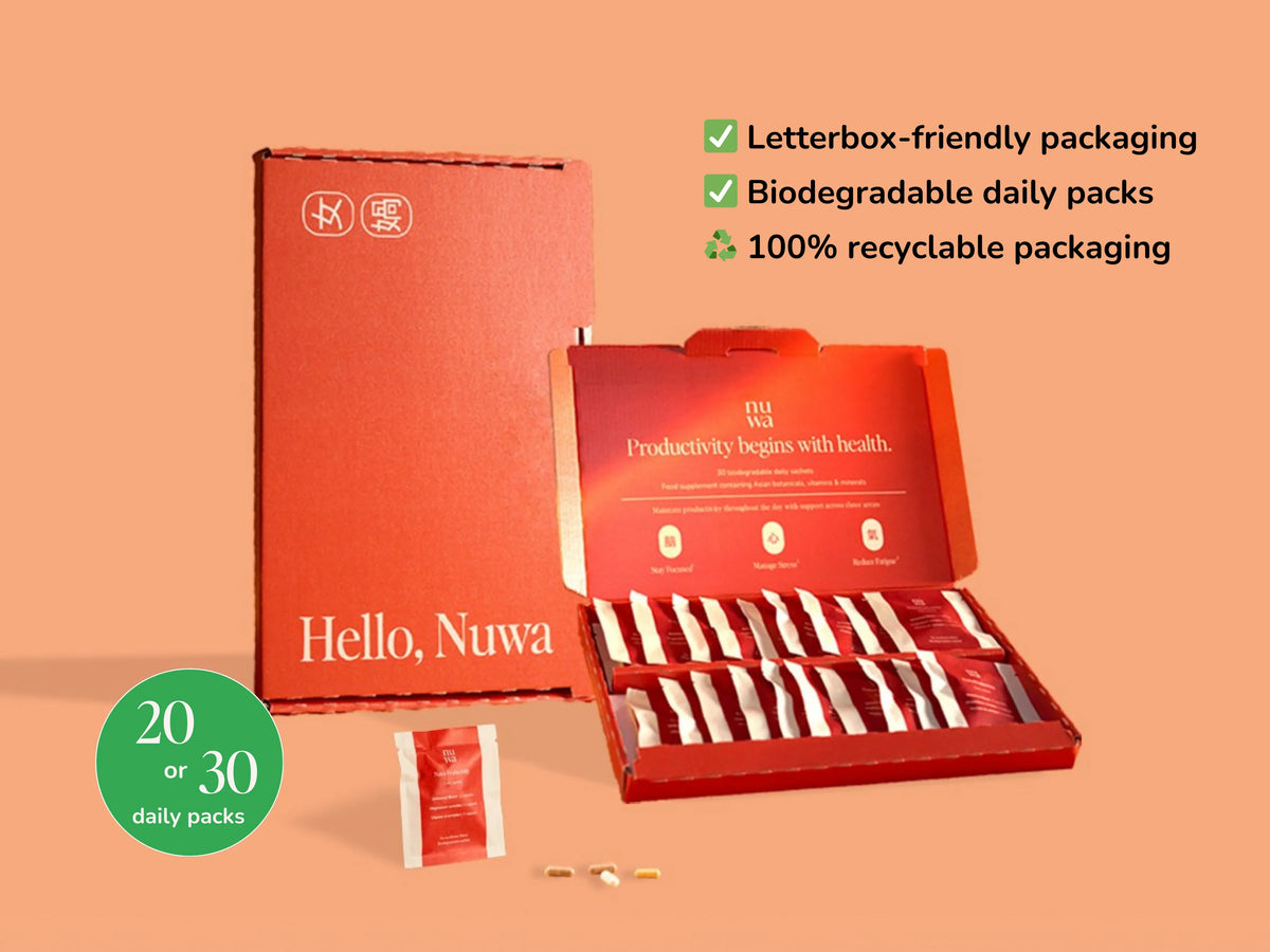Nuwa letterbox-friendly packaging with daily packs against an orange background