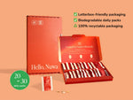 Nuwa letterbox-friendly packaging with daily packs against an orange background