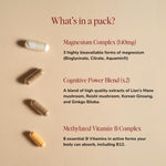 4 capsules in a daily pack containing Magnesium Complex, Cognitive Power Blend Capsules, and Methylated Vitamin B Complex