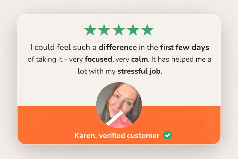 Five-star review card with a customer's testimonial and a verified customer badge on a light gray background.