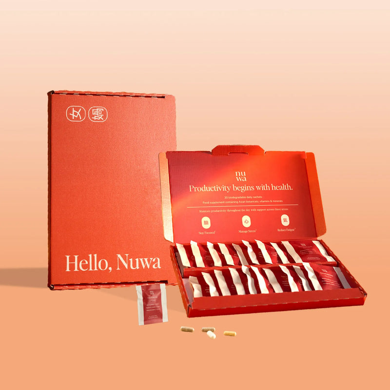 Nuwa Productivity supplement box with daily sachets containing brain-boosting nootropics and adaptogens