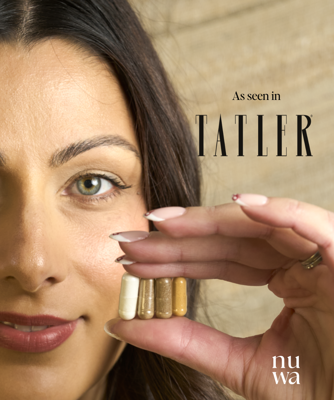 Woman holding supplement capsules with 'Tatler' and 'Nuwa' branding.