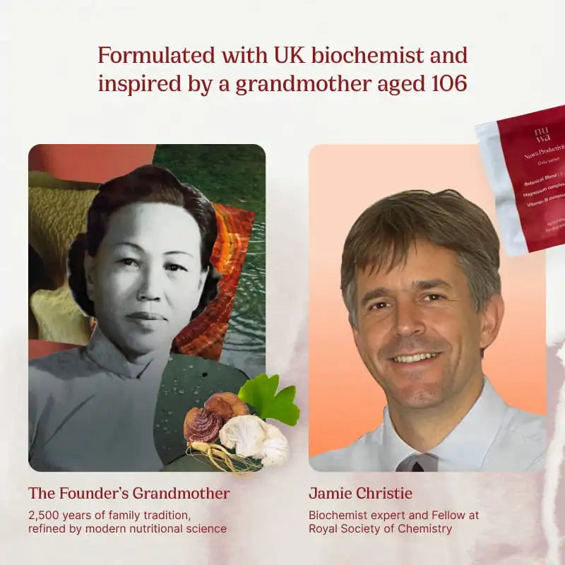 A branded product graphic with two portrait photos and text. The left photo shows a black-and-white portrait labeled 'The Founder's Grandmother' with a small ingredients illustration. The right photo showers the biochemist who supported the development process for Nuwa.