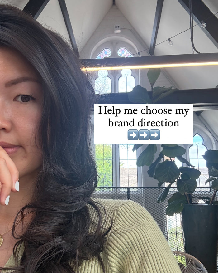 Lin looking to camera with the caption: Help me choose my brand direction