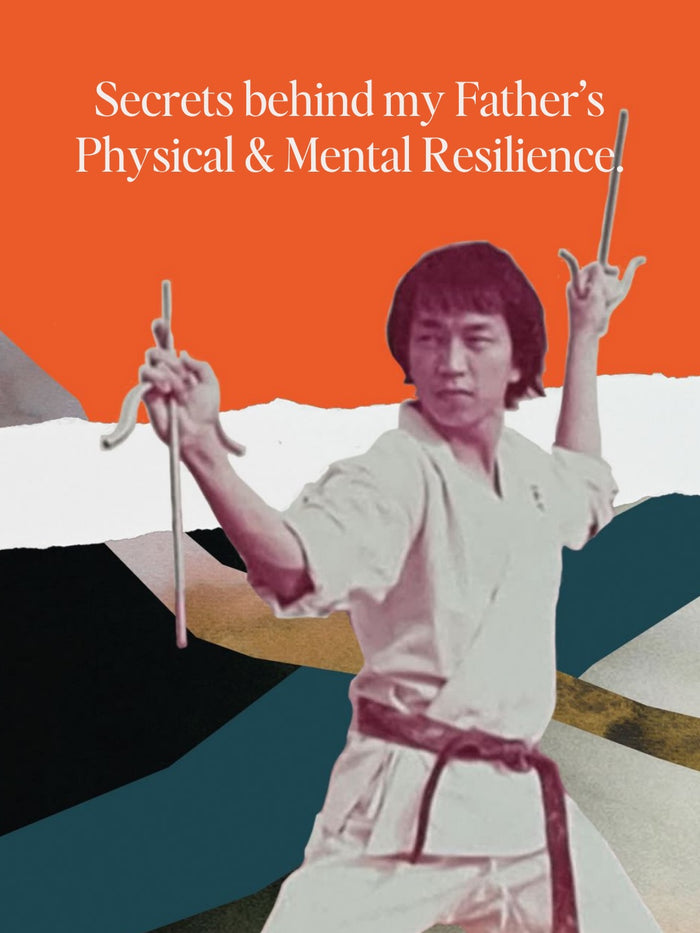 Lin's father in 1982 in a karate pose, with the words: Secrets behind my father's physical and mental resilience