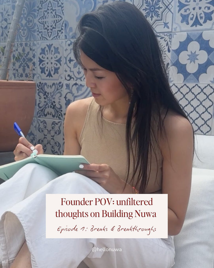 Lin writing in a notebook, with the words: Founder POV, unfiltered thoughts on building Nuwa
