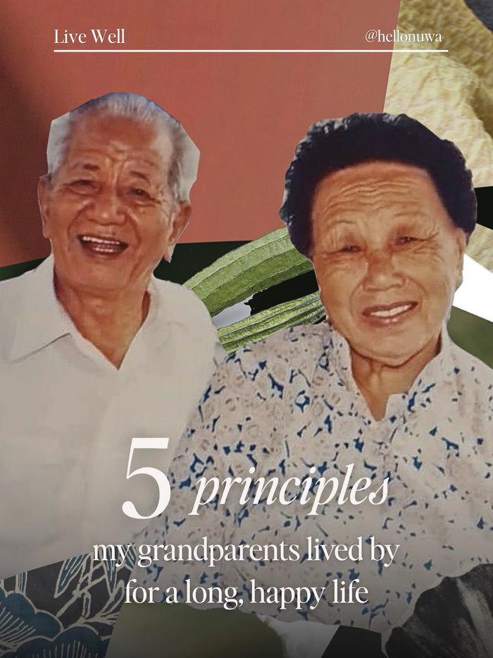 Lin's grandparents smiling, with the words: 5 principles my grandparents lived by for a long, happy life