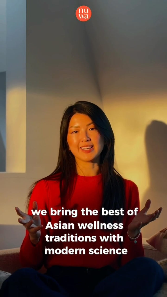 Lin speaking to camera with the caption: we bring the best of Asian wellness traditions with modern science