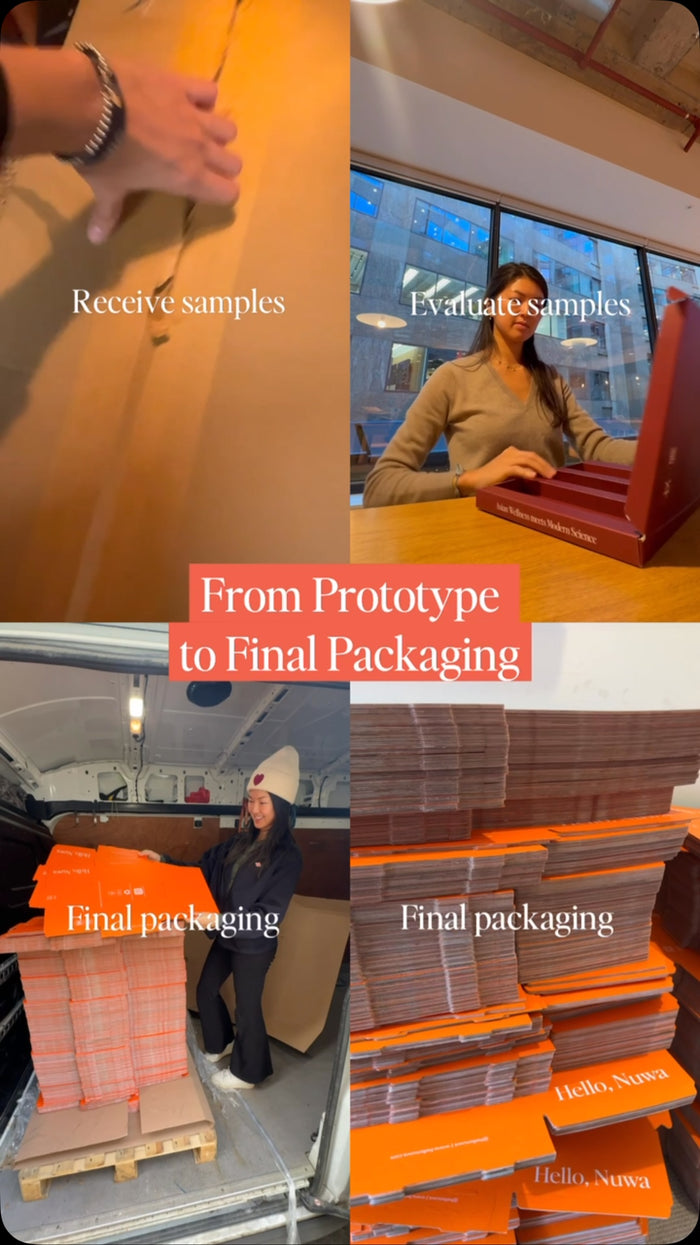 Collage showing Nuwa packaging going from prototype to final orange boxes